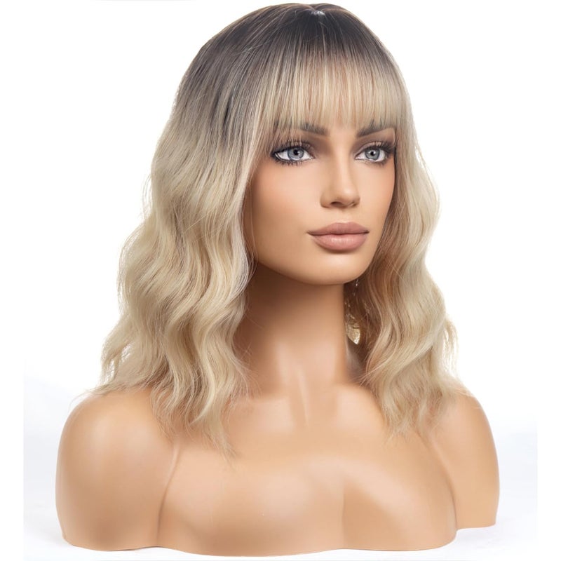 BERON Blonde Ombre Short Wigs Curly Shoulder Length Wig with Bangs Ombre Color Wavy Hair Wigs 35 cm/14 Inch Women's Synthetic Wigs Daily Party Use - Image 3